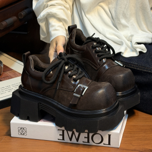 乐福鞋 小个子增高单鞋 女英伦风圆头德比鞋 复古真皮松糕厚底小皮鞋