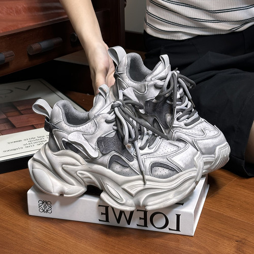 欧货真皮擦色做旧厚底老爹鞋女