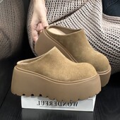 磨砂牛皮松糕厚底包头半拖鞋 女外穿复古真皮百搭小个子增高毛拖鞋