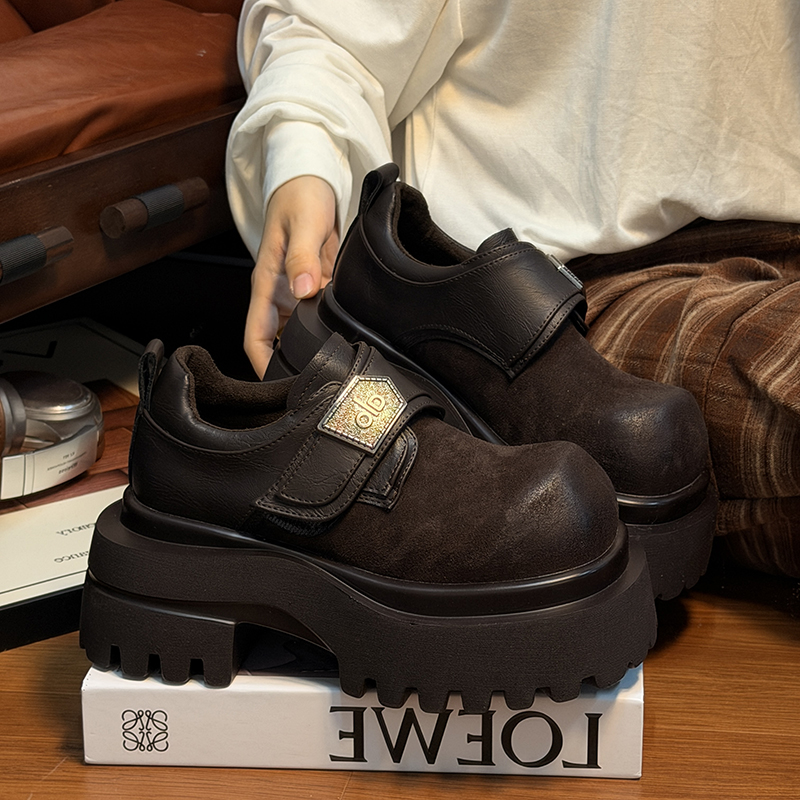 复古真皮松糕厚底小皮鞋女英伦风