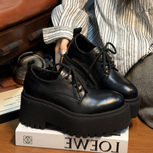 单鞋 小个子增高乐福鞋 女英伦风圆头德比鞋 复古真皮松糕厚底小皮鞋