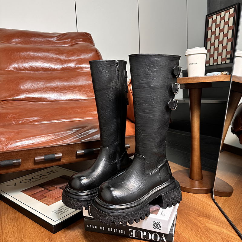 欧货真皮褶皱大头长筒靴女骑士靴