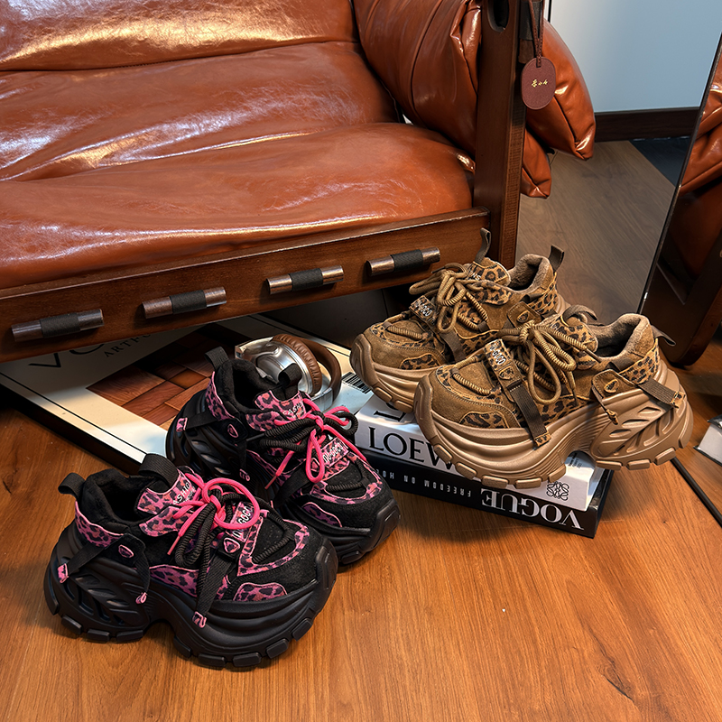 磨砂真皮豹纹加绒厚底老爹鞋女