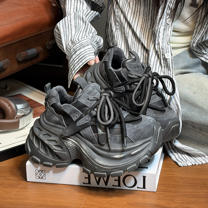 欧货真皮系带松糕厚底老爹鞋女