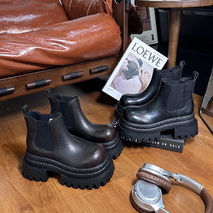 英伦风小个子增高马丁靴女 真皮大头松糕厚底切尔西短靴女2025新款