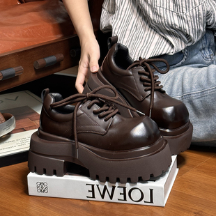 单鞋 小个子增高乐福鞋 女英伦风圆头德比鞋 欧货真皮松糕厚底小皮鞋