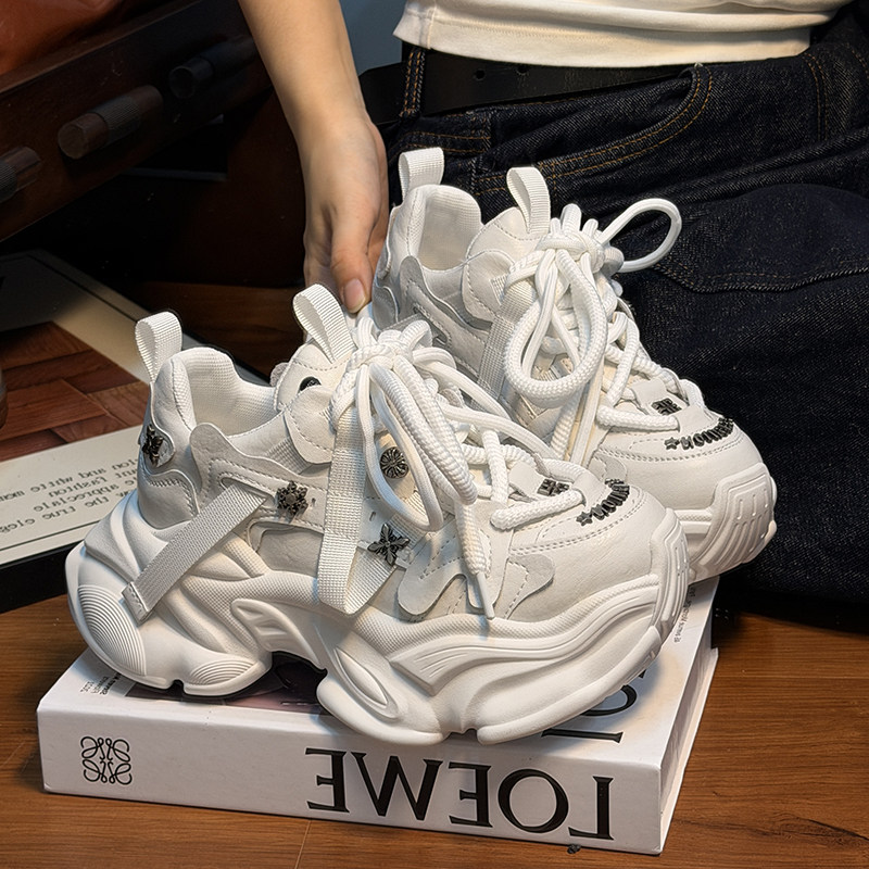 欧货真皮系带松糕厚底老爹鞋女2025新款百搭小个子增高休闲运动鞋,女鞋,老爹鞋,淘宝优惠券,粉丝福利购,淘宝优惠卷