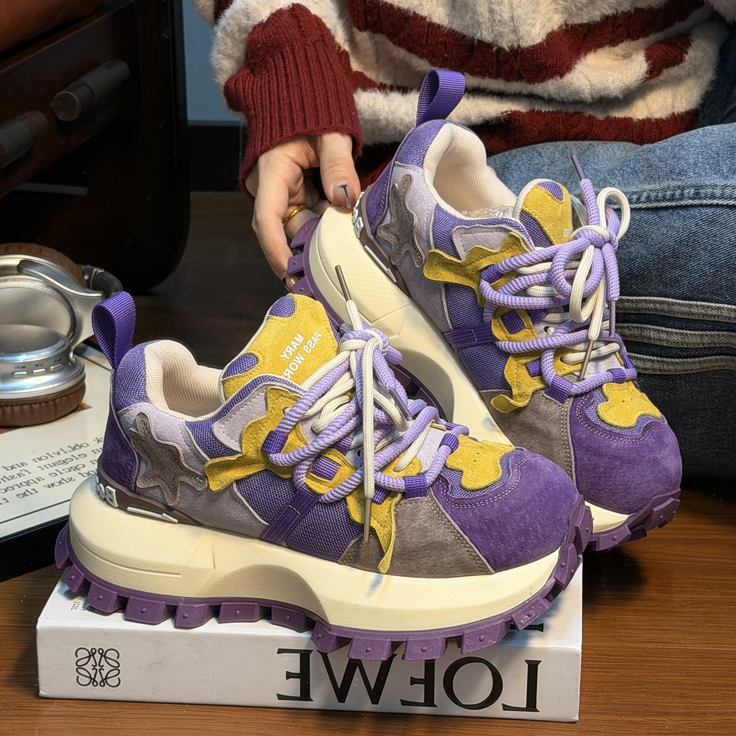 磨砂真皮松糕厚底老爹鞋女2026新款百搭双鞋带增高休闲运动阿甘鞋