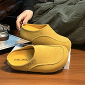 磨砂牛皮松糕厚底大头勃肯鞋 女复古真皮做旧一脚蹬懒人包头半拖鞋