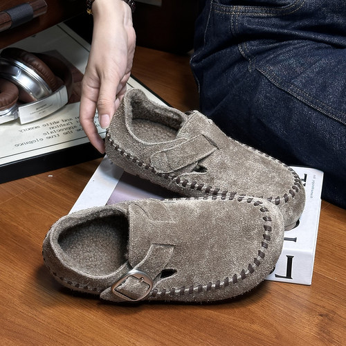 磨砂真皮编织大头厚底勃肯鞋女