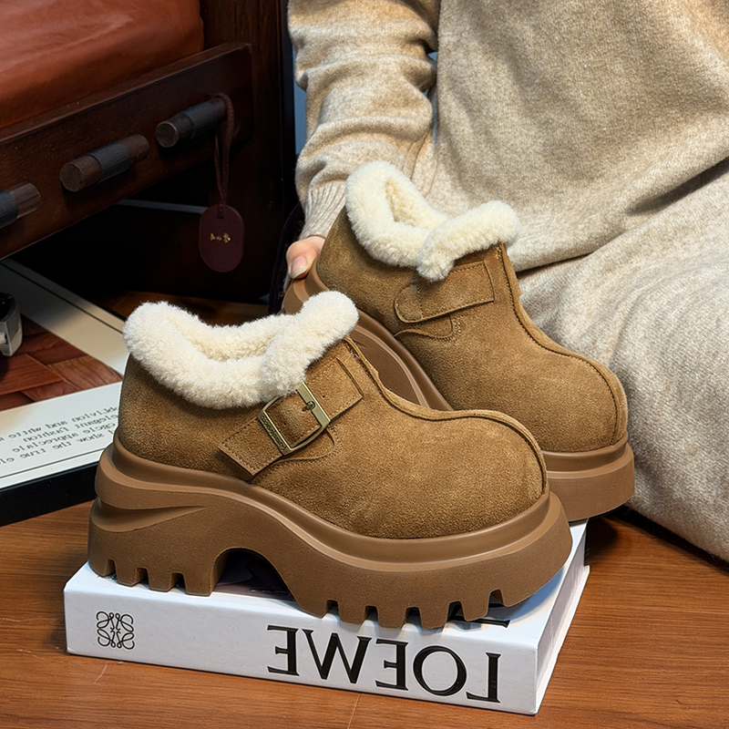 复古真皮松糕厚底加绒乐福鞋