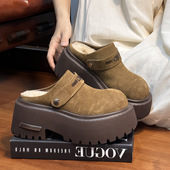 磨砂牛皮松糕厚底包头半拖鞋 女外穿复古真皮小个子增高勃肯毛拖鞋