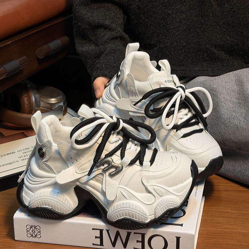 欧货真皮系带松糕厚底老爹鞋女