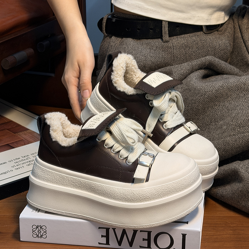 欧货真皮大头系带松糕厚底面包鞋