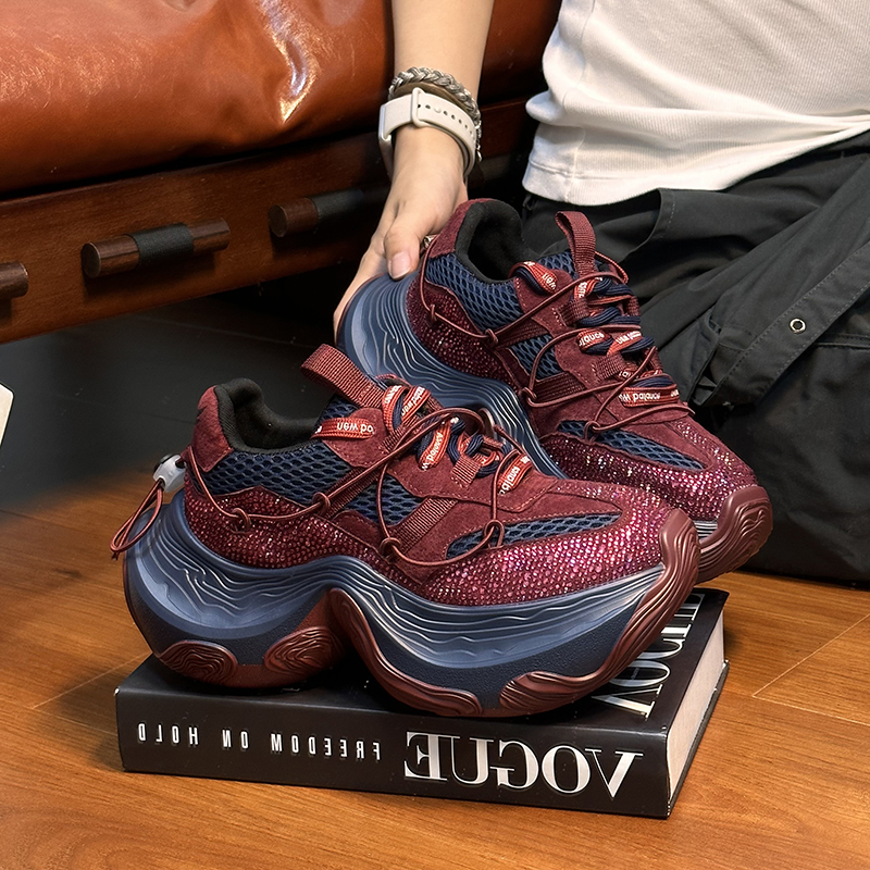 欧货真皮水钻厚底老爹鞋女