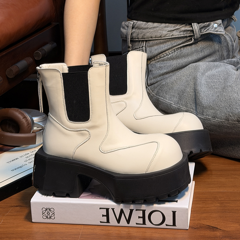 复古真皮擦色大头厚底马丁靴女