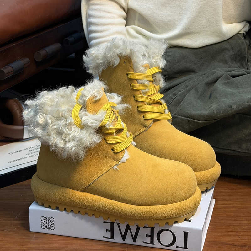 真皮羊毛大头厚底中筒雪地靴女2025冬季新款加绒保暖棉鞋勃肯短靴