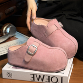 磨砂牛皮松糕厚底大头勃肯鞋 女复古真皮增高一脚蹬懒人包头半拖鞋