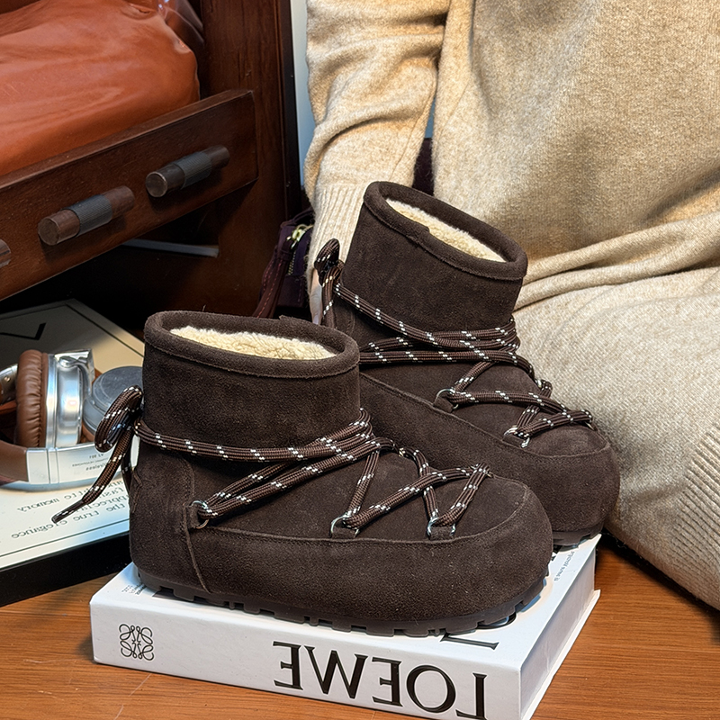 真皮羊毛大头绑带厚底雪地靴女