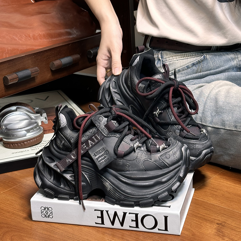 真皮复古做旧系带松糕厚底老爹鞋