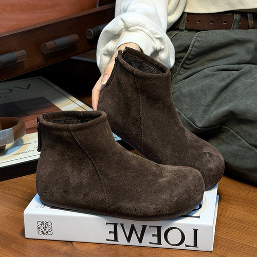 磨砂真牛皮加绒厚底大头马丁靴女