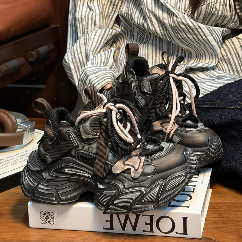 欧货真皮系带松糕厚底老爹鞋女