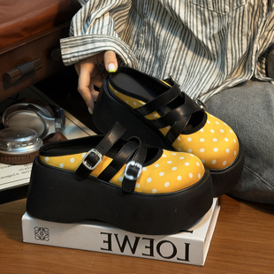 莱卡布大头松糕厚底包头半拖鞋 潮 女外穿百搭小个子增高休闲乐福鞋