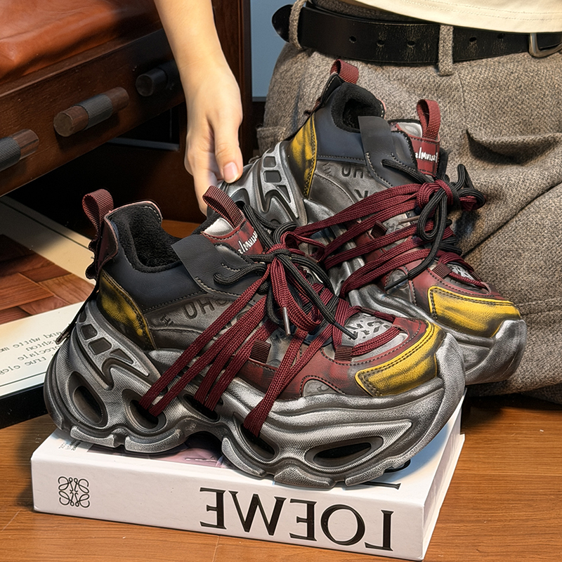 真皮做旧绑带加绒厚底老爹鞋女