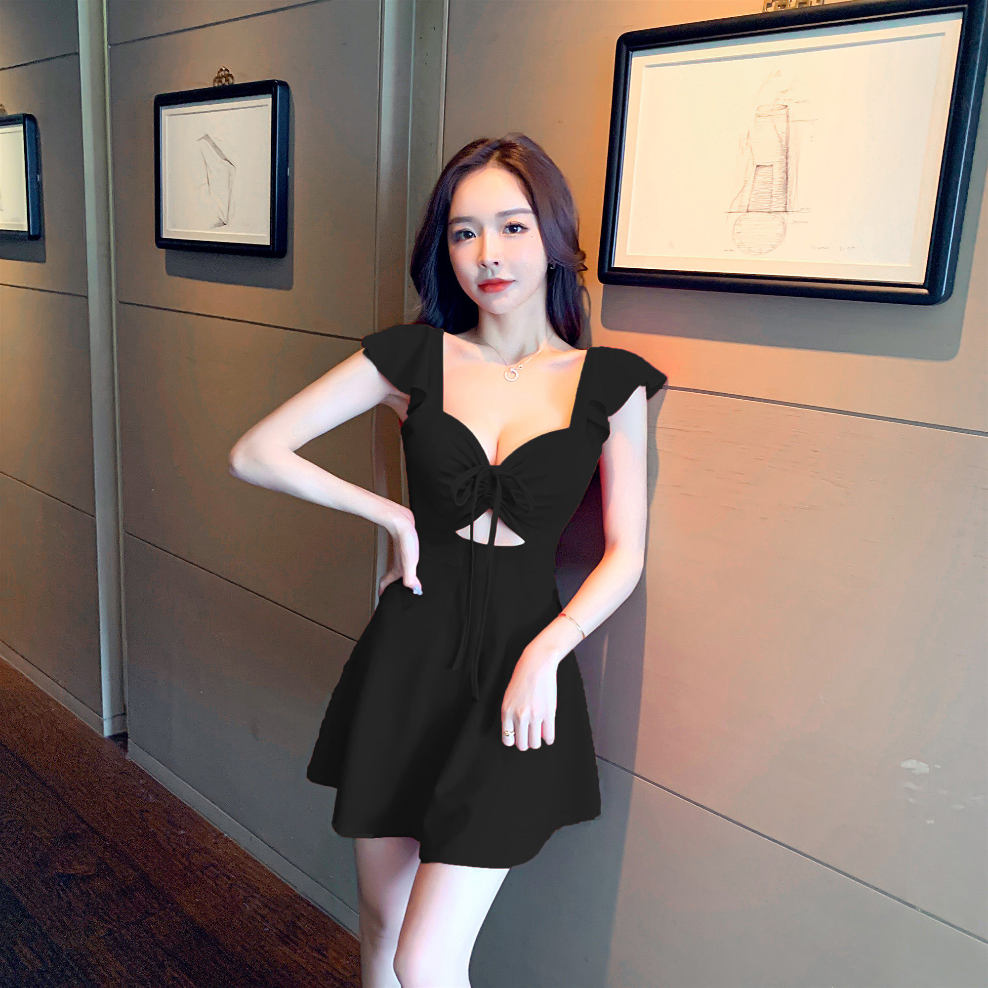 夜场KTV公主工服新款性感低胸绑带收腰显瘦小个子连衣裙技师工衣