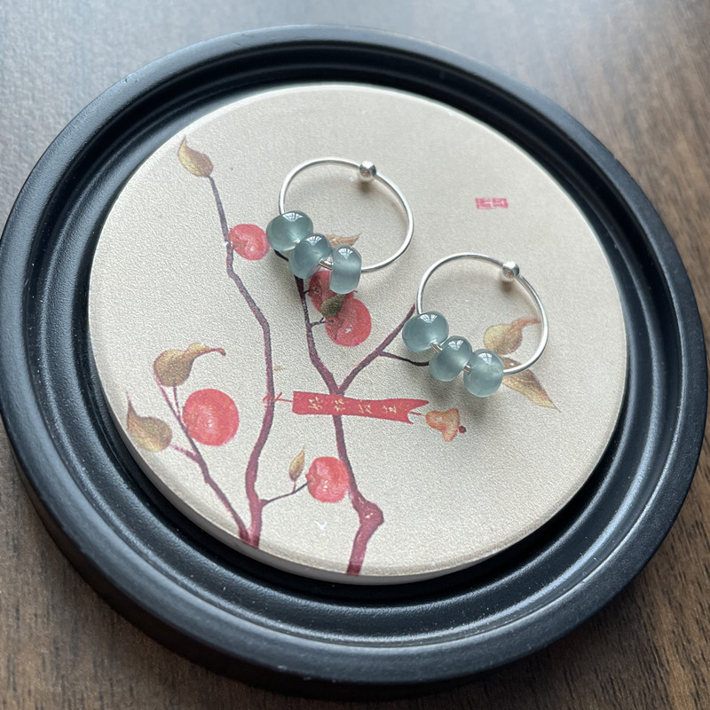 天然翡翠耳圈S925银玉石串珠