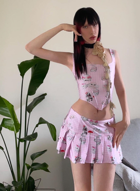猫咪印花半身百褶裙粉色短裙显瘦小众设计师Y2K千禧辣妹风显瘦女