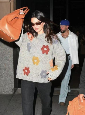 肯豆同款早秋花朵毛衣长袖套头宽松慵懒风破洞针织衫潮流明星同款