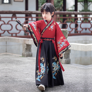 汉服男童2024龙年春秋新款帅气唐装国学古装国风小王爷红色演出服