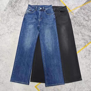 鑫淼外贸高腰瘦版薄绒阔腿裤 弹力加绒牛仔裤 炭黑色植绒直筒裤