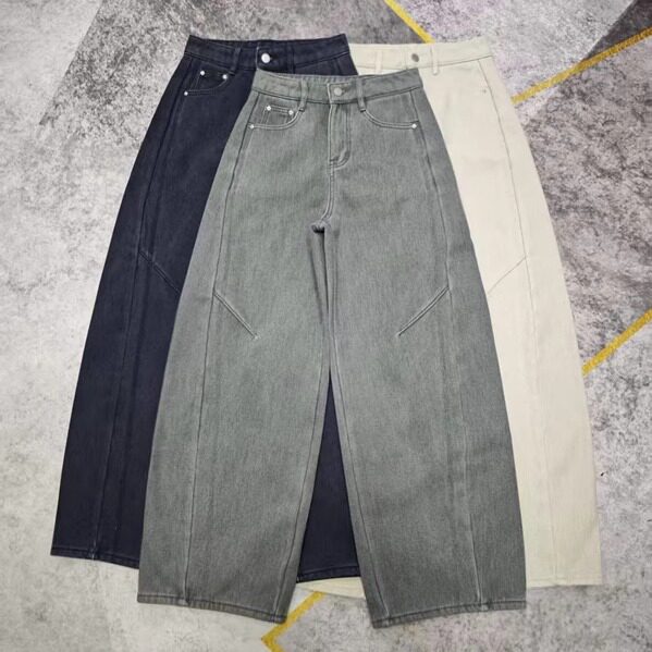 鑫淼外贸高腰加绒弯刀裤 薄绒阔腿裤 一体植绒牛仔裤 加厚保暖裤