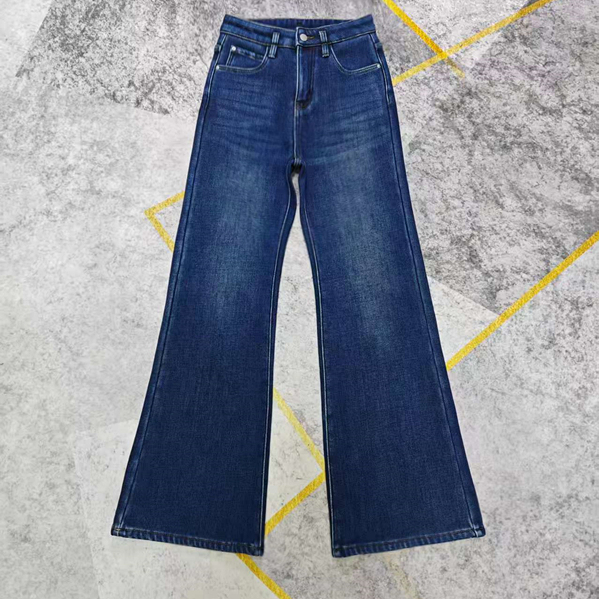 鑫淼外贸弹力加绒加厚牛仔裤 一条过冬马蹄裤 中高腰一体绒喇叭裤