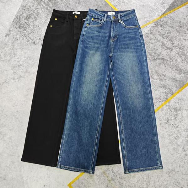 法系 高腰瘦版加绒阔腿裤 薄绒牛仔裤 植绒直筒裤 弹力窄版阔脚裤