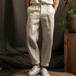 男士亚麻纯色休闲轻便透气直筒长裤Linen solid-colored trousers