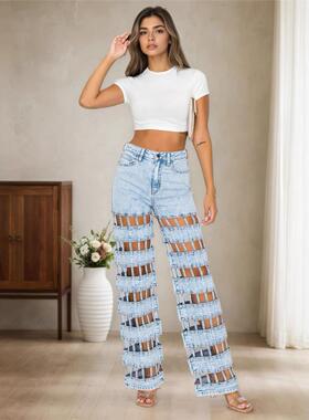 女式破洞牛仔裤子街头镂空直筒裤Hole-denim slit straight pants