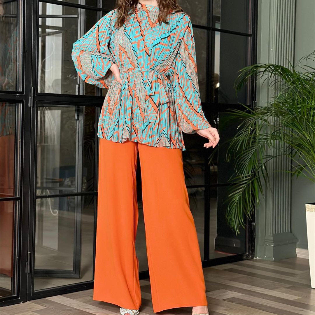 printed lace-up shirt wide-leg pant suit系带花衬衫阔腿裤套装