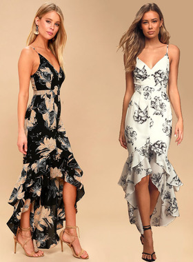 Floral halter dress with ruffles花卉碎花露背荷叶边吊带连衣裙
