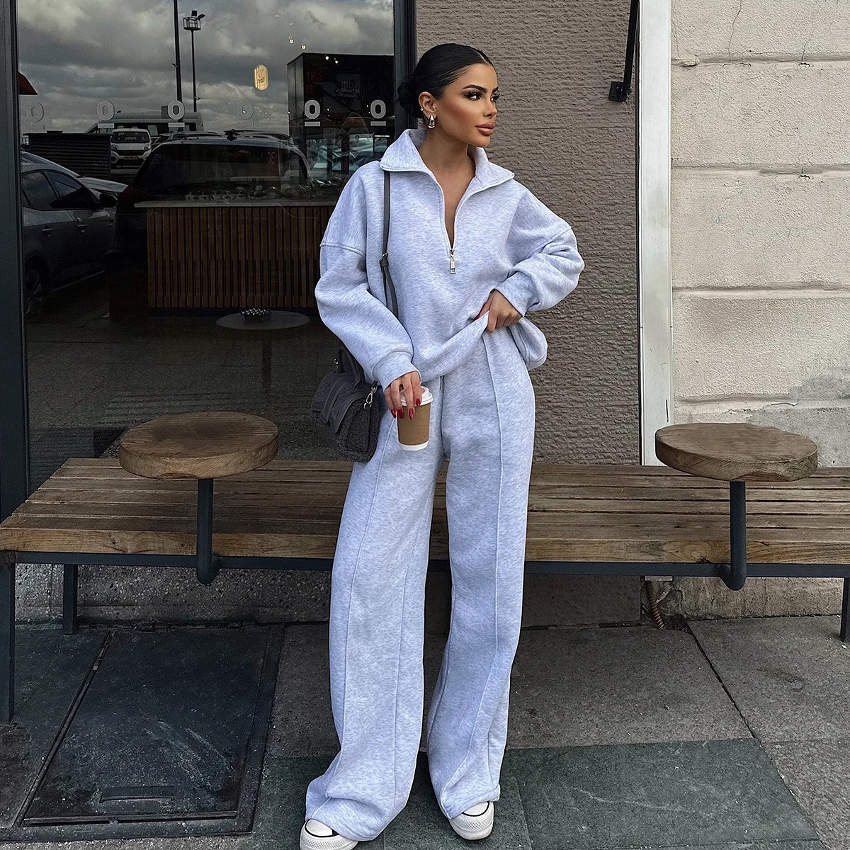 开襟套头卫衣长裤宽松休闲套装