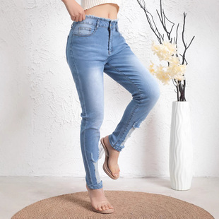 Hole-less slim-fit women's jeans美式弹力女装破洞显瘦牛仔长裤