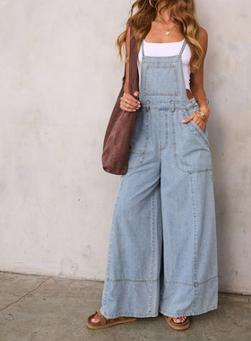 Wide-leg strappy denim overalls 女装街头阔腿裤吊带牛仔背带裤