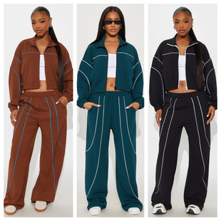 leg pants 休闲阔腿裤 and 拼色卫衣 时尚 wide 欧美女装 Jacket set