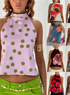 A sleeveless top with a neckline 女装挂脖优雅无袖露肩上衣T恤