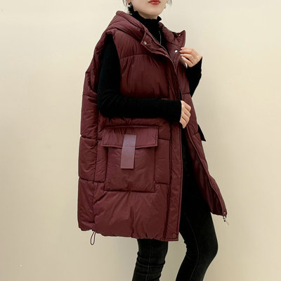 宽松大码中长款连帽羽绒棉马甲