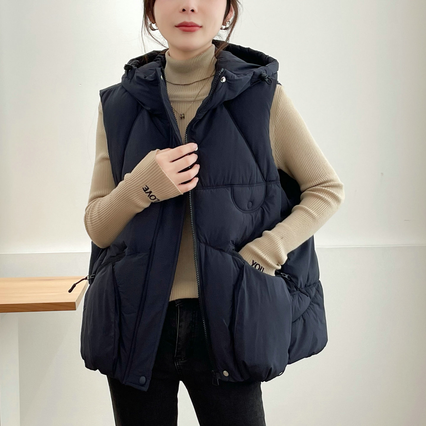 欧货大码连帽羽绒棉马甲女外搭