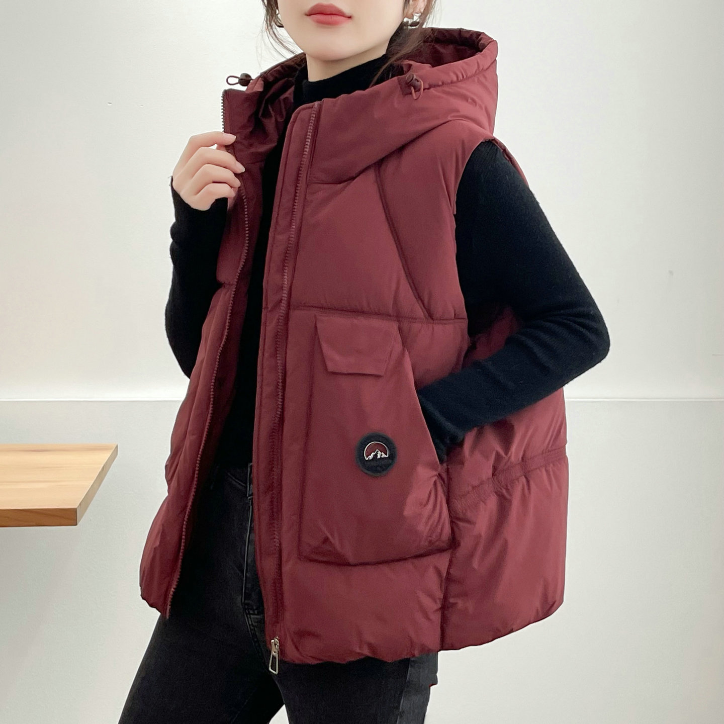 欧货休闲连帽羽绒棉马甲女