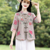 国风印花立领盘扣上衣女2025夏季 新款 五分袖 中式 苎麻刺绣提花衬衫